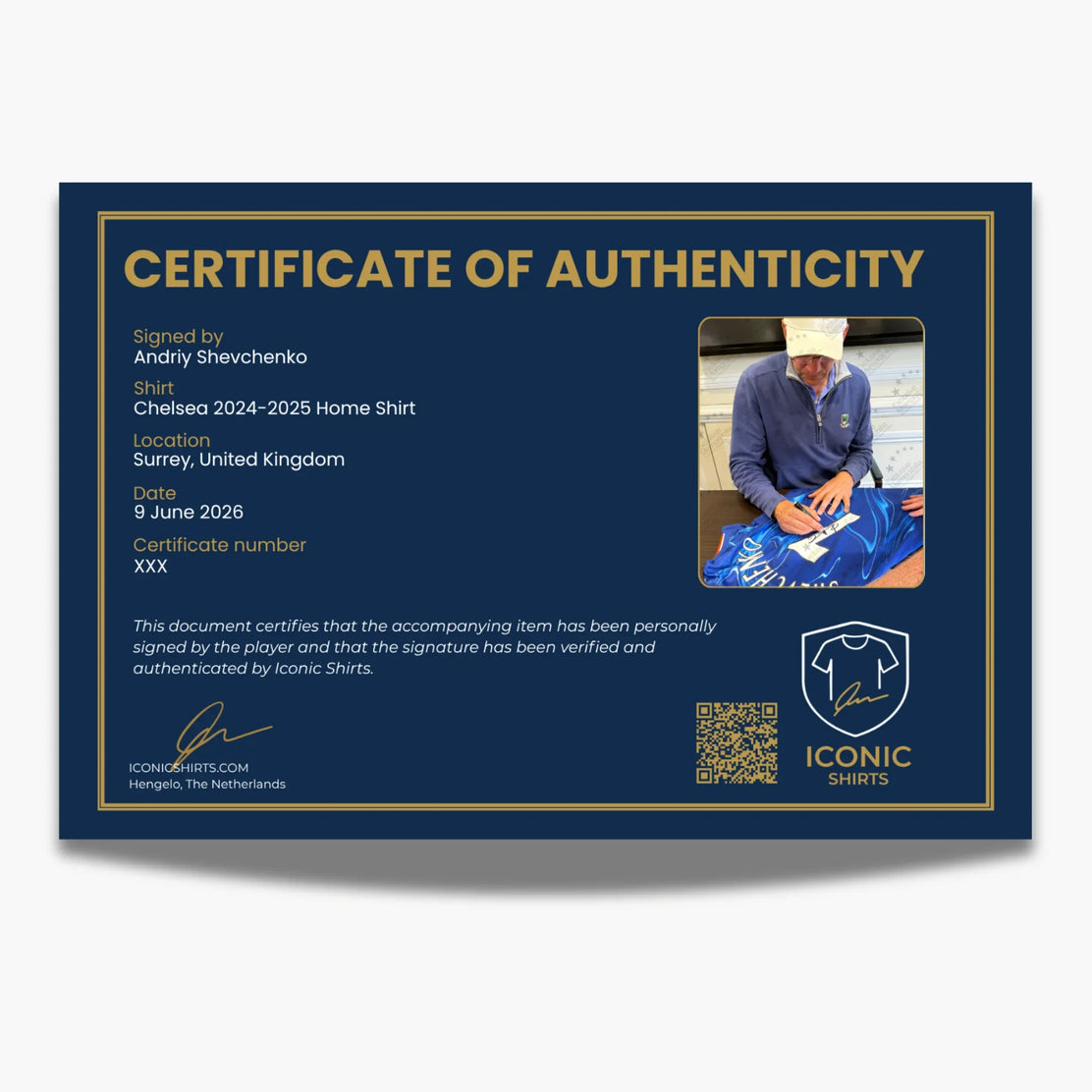 Maillot domicile Chelsea signé Andriy Shevchenko 2024_2025 - certificat COA, preuve de signature | Iconic Shirts