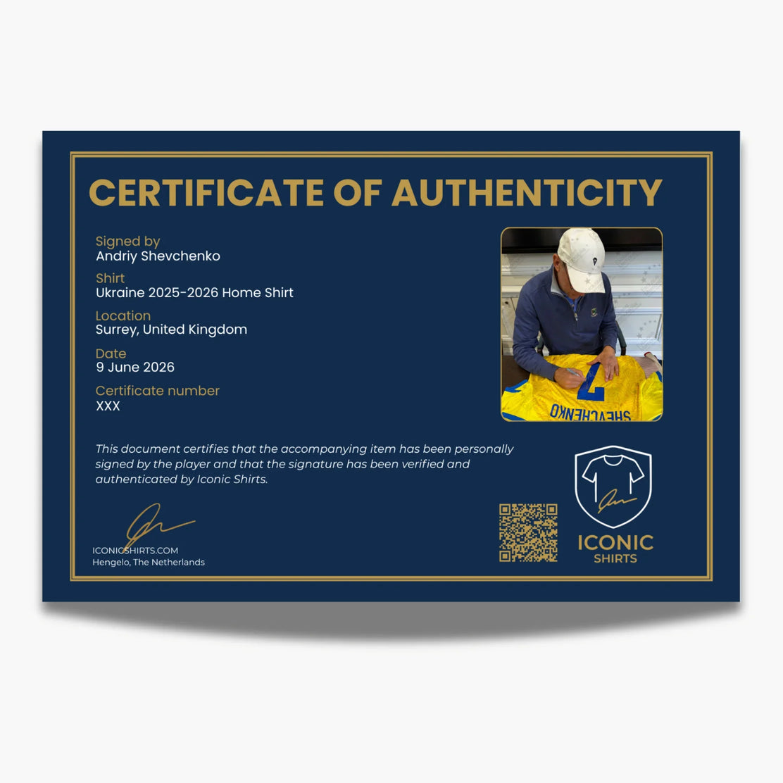 Andriy Shevchenko maillot domicile Ukraine 2026-2026 signé - certificat COA, preuve de signature | Iconic Shirts