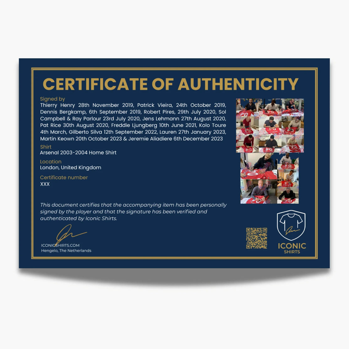 Arsenal maillot domicile des Invincibles 2003-2004 signé par 14 joueurs - encadré avec certificat | Iconic Shirts