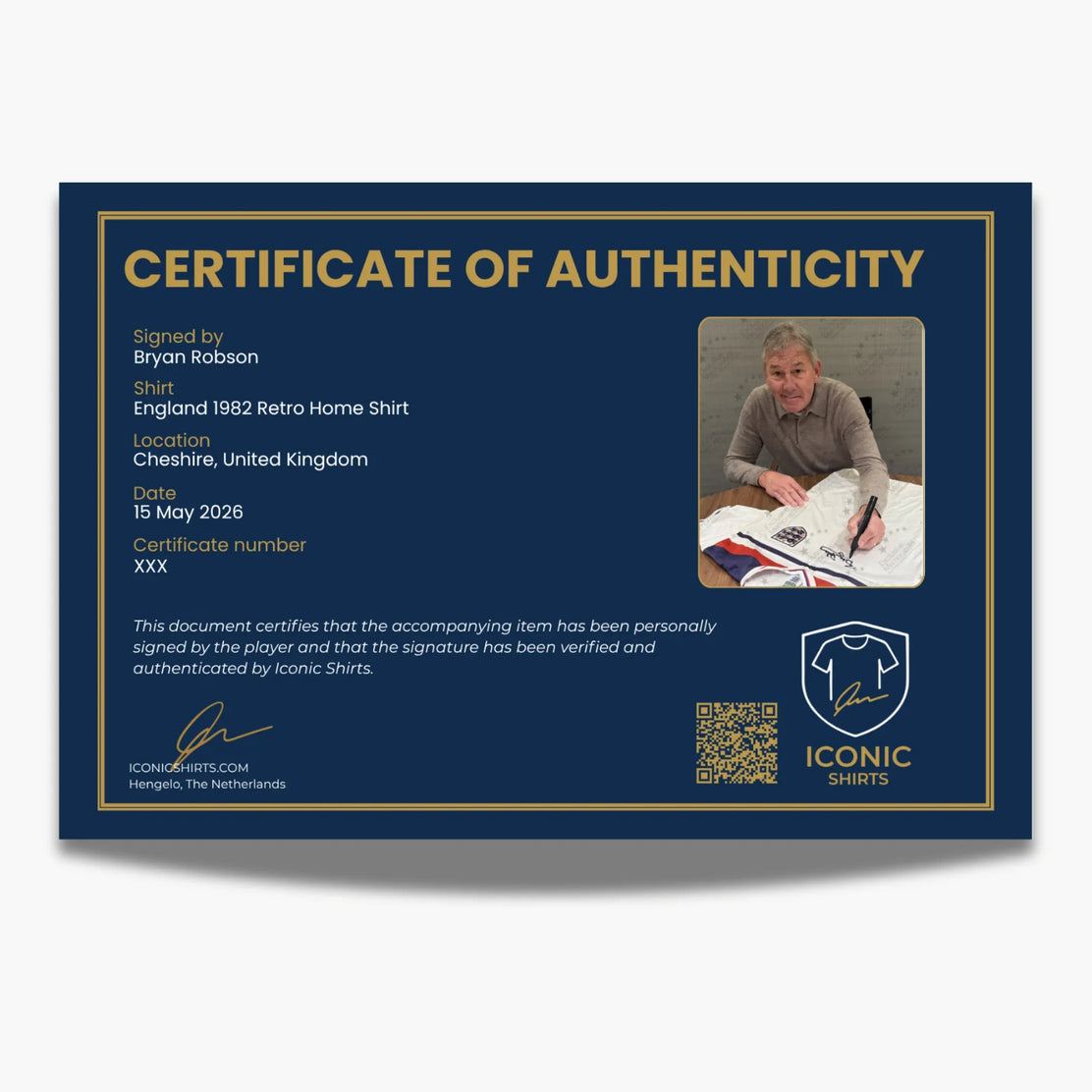 BryanRobsonSignedEngland1982RetroHomeShirt-certificateCOA-proofofsigning | Iconic Shirts