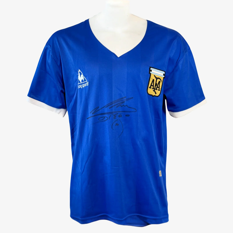 DiegoMaradonaSignedArgentinaFootballShirt-1986AwayWorldCupWinner-front | Iconic Shirts