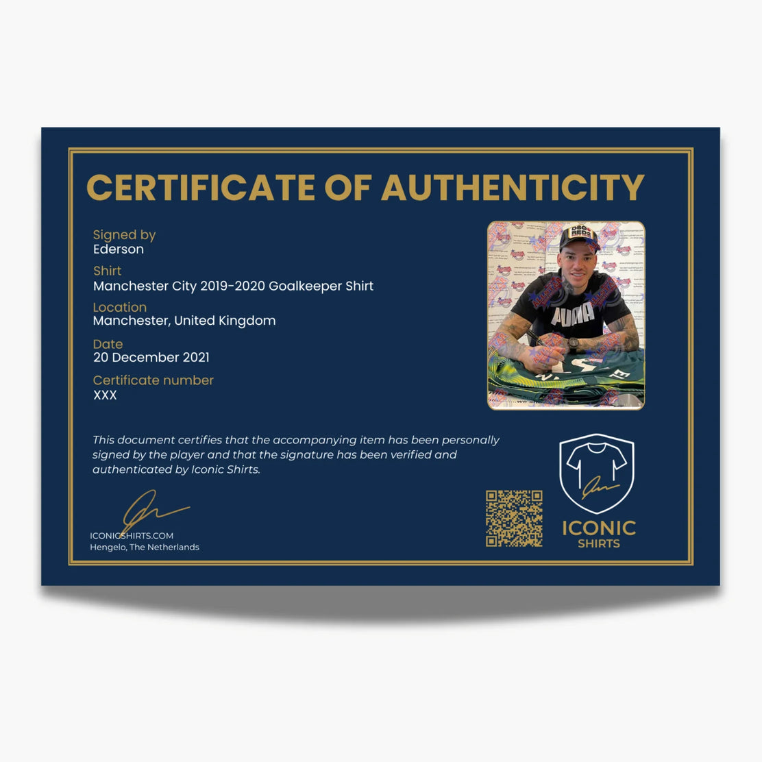 Maillot de gardien signé Ederson Manchester City 2019-2020 - certificat | Iconic Shirts