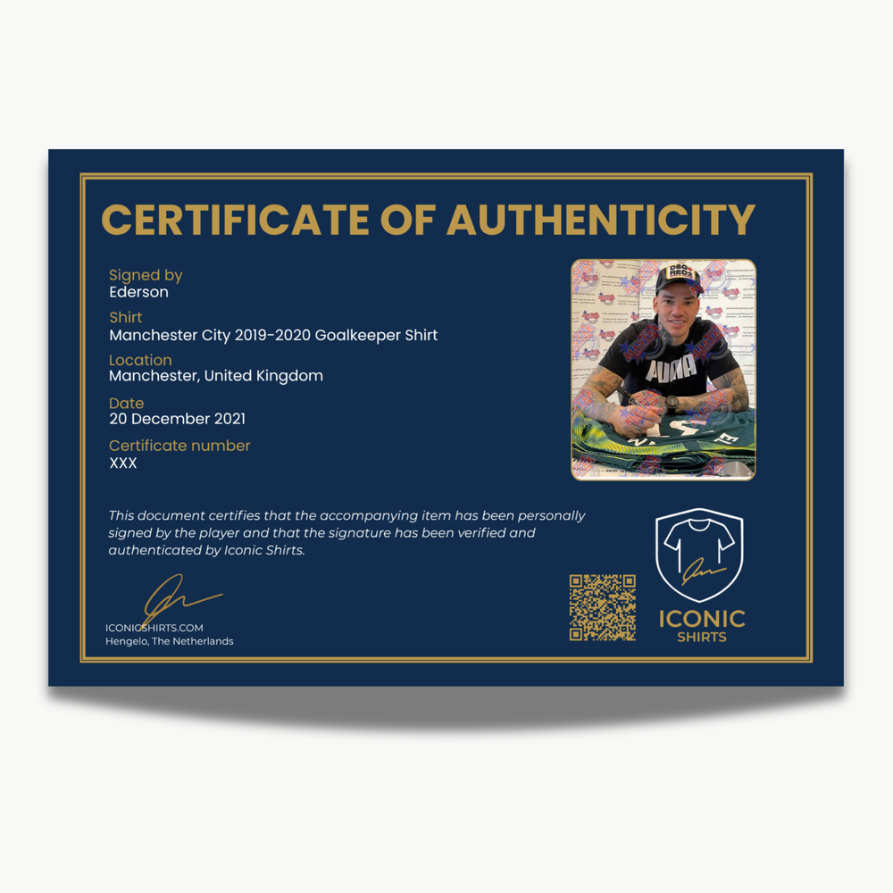 EdersonSignedManchesterCity2019-2020GoalkeeperShirt-certificate | Iconic Shirts