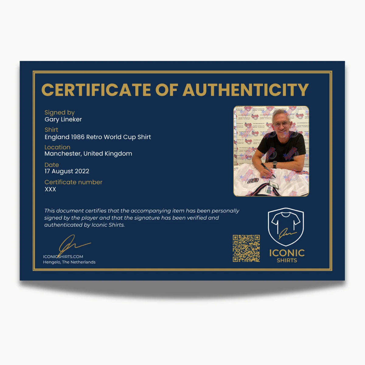 GaryLinekerSignedEngland1986RetroWorldCupShirt-certificate | Iconic Shirts
