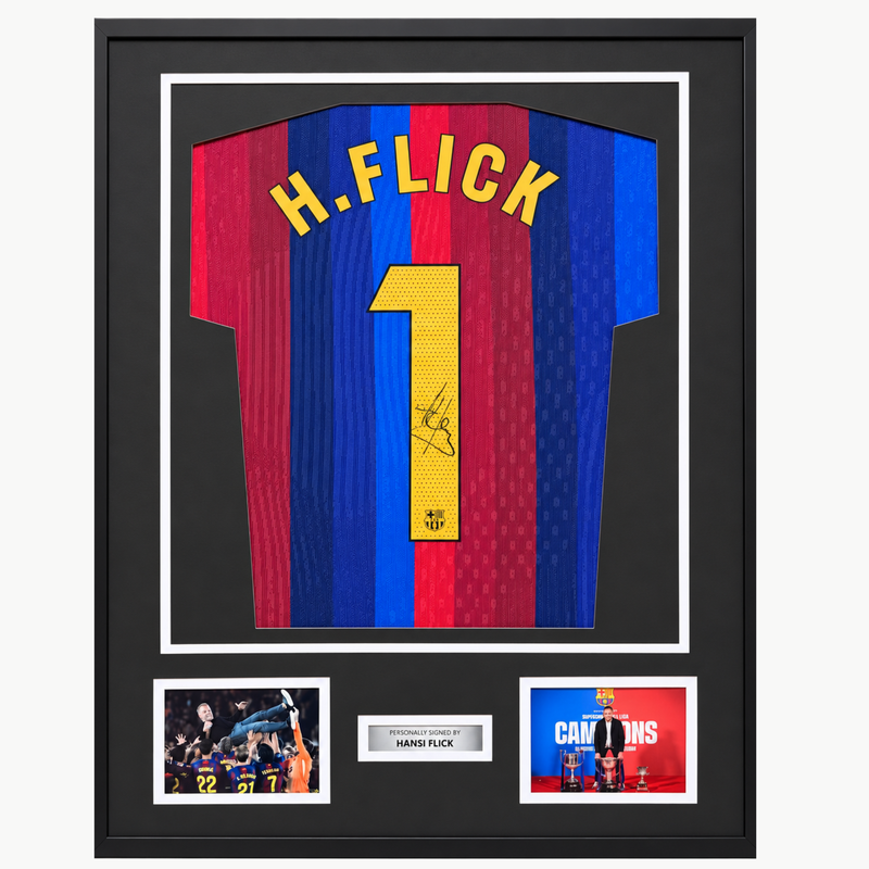 HansiFlickSignedBarcelonaHomeFootballShirt-Framed | Iconic Shirts