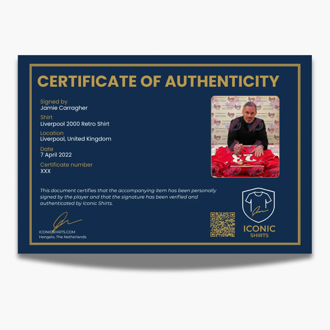Maillot rétro Liverpool 2000 signé Jamie Carragher - certificat | Iconic Shirts