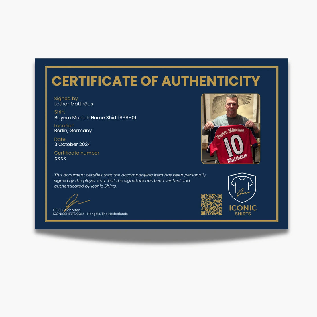 LotharMatthaus maillot domicile du Bayern Munich 1999 signé_01-certificate | Iconic Shirts