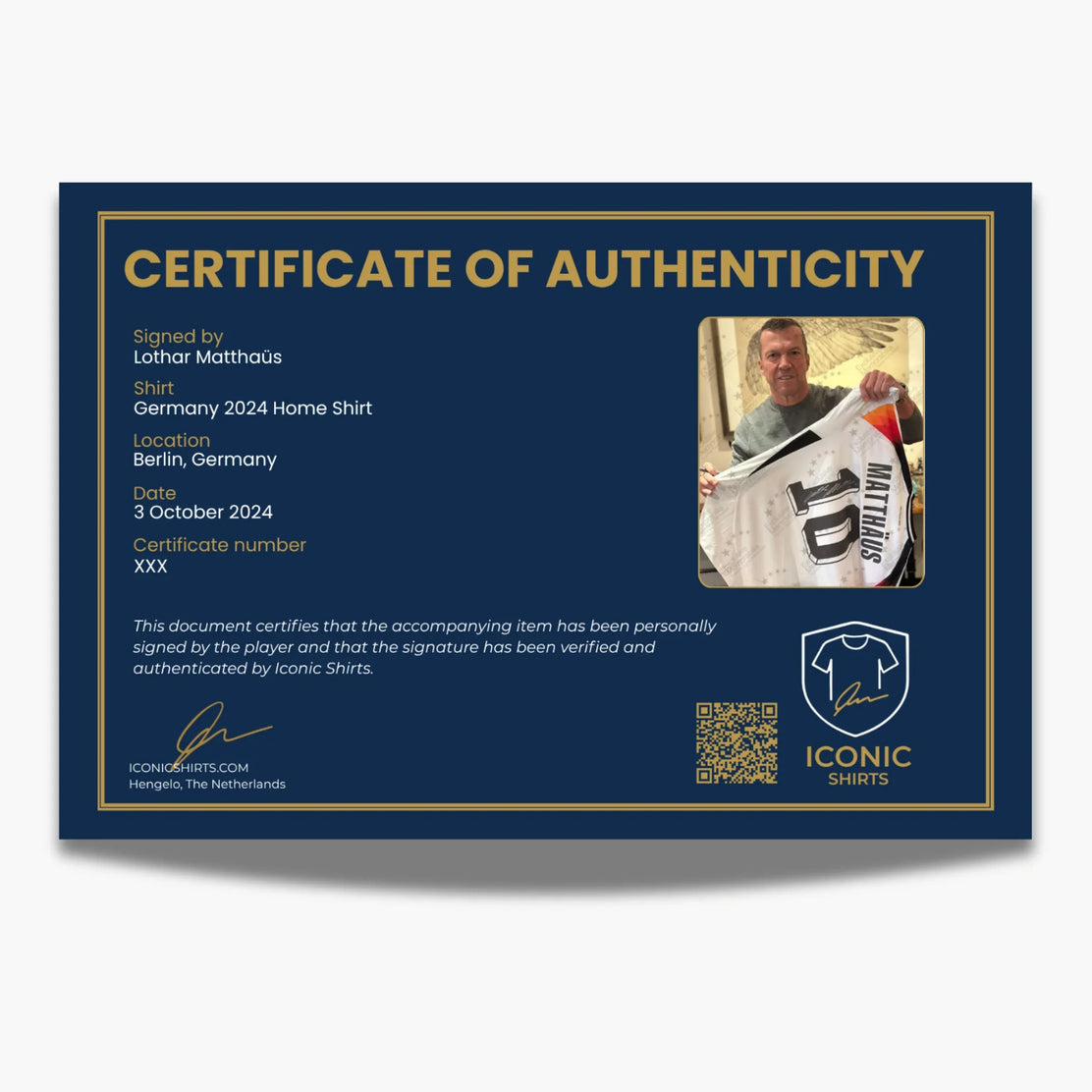 Maillot de football Allemagne 2024 signé Lothar Matthäus - certificat COA, preuve de signature | Iconic Shirts