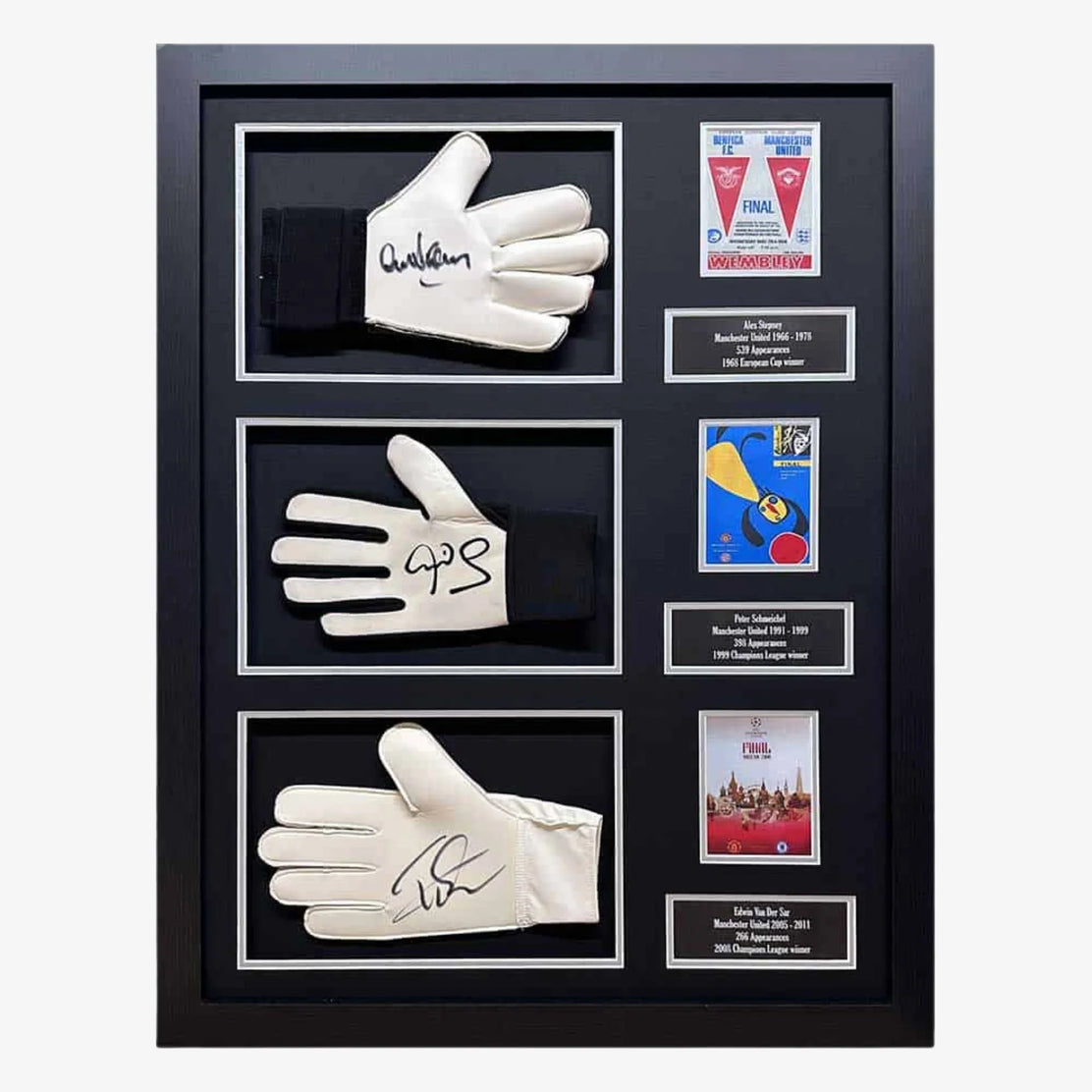 ManchesterUnitedGoalkeepersTripleSignedGloveDisplay_Stepney_Schmeichel_VanderSar | Iconic Shirts