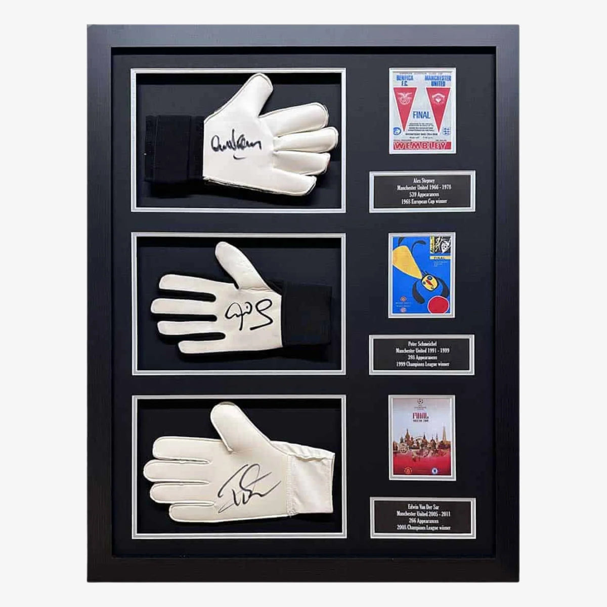ManchesterUnitedGoalkeepersTripleSignedGloveDisplay_Stepney_Schmeichel_VanderSar | Iconic Shirts