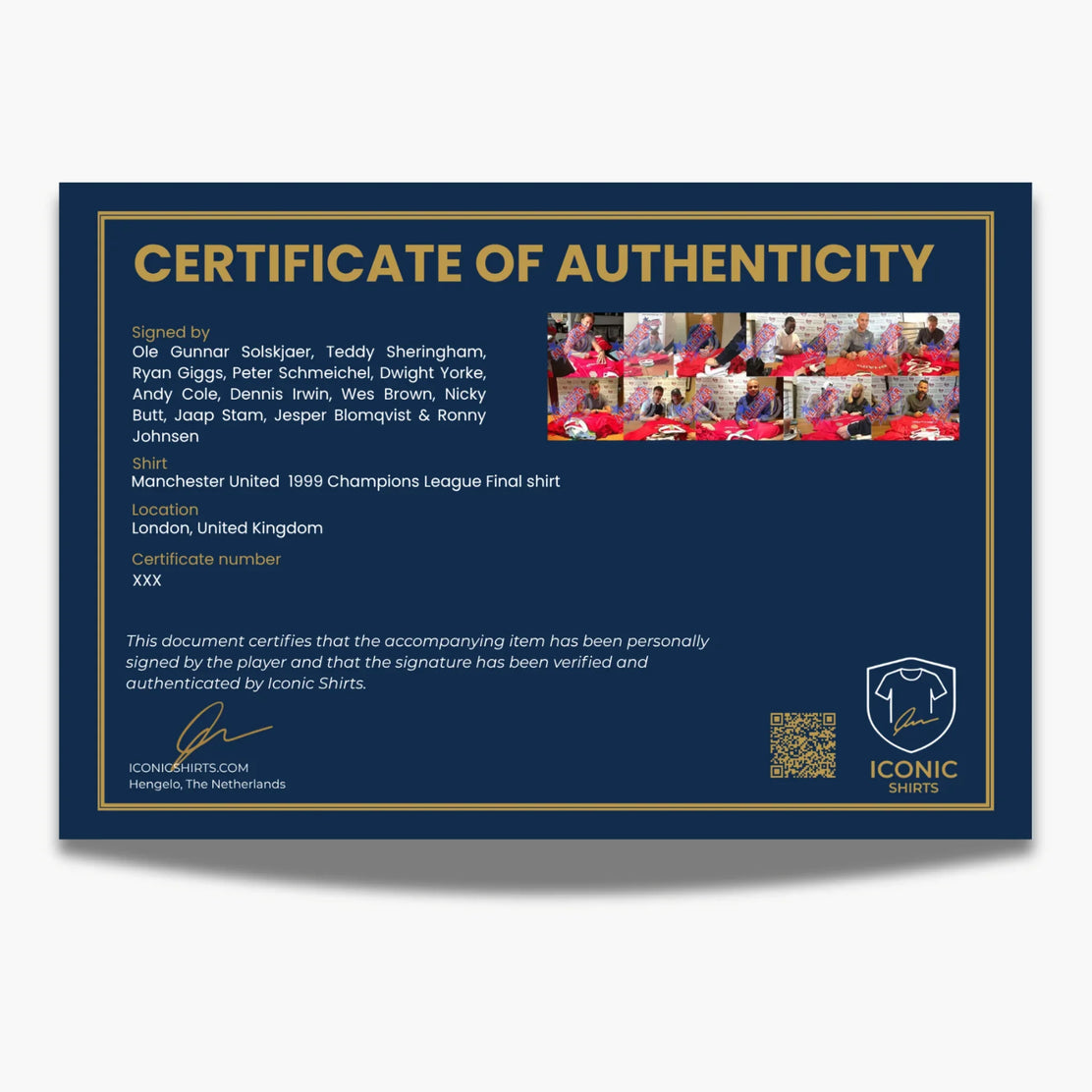 Maillot signé par l’équipe de Manchester United pour la finale de la Ligue des champions 1999 - certificat COA | Iconic Shirts