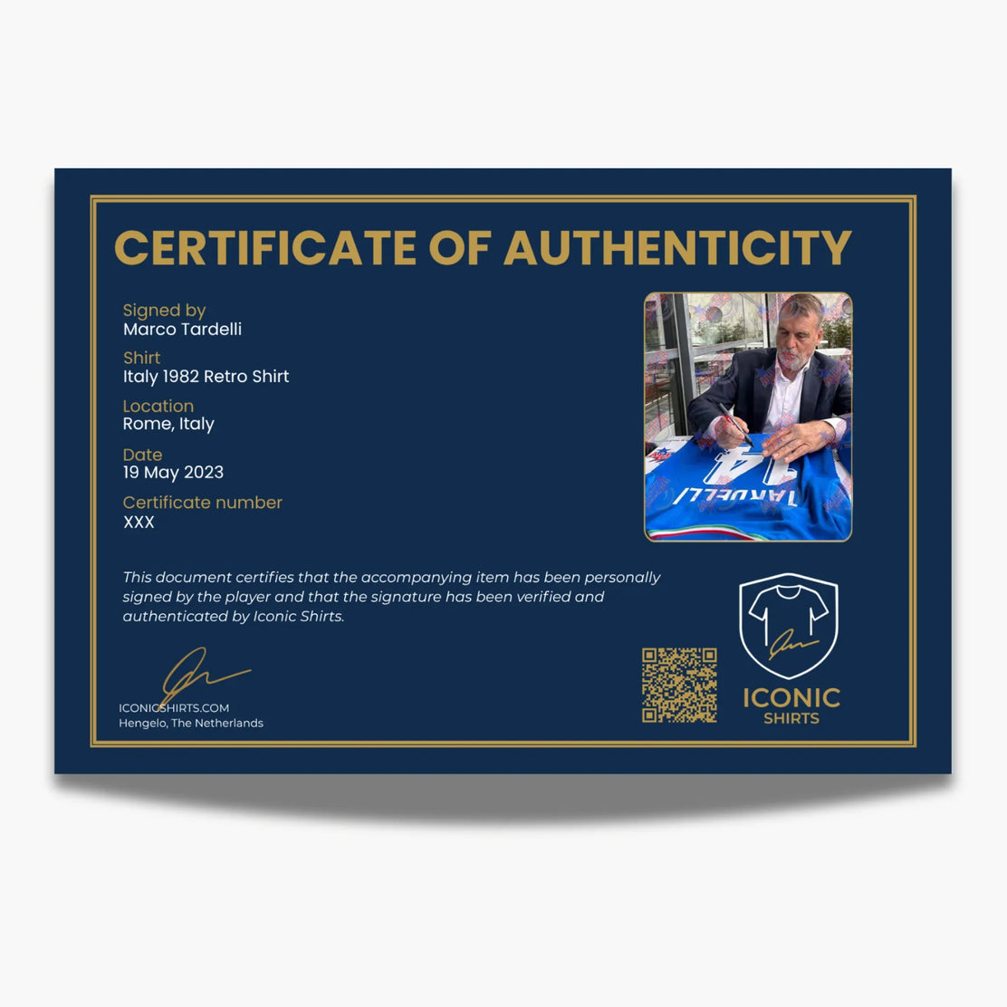 Marco Tardelli maillot rétro Italie 1982 signé - certificat d’authenticité COA | Iconic Shirts