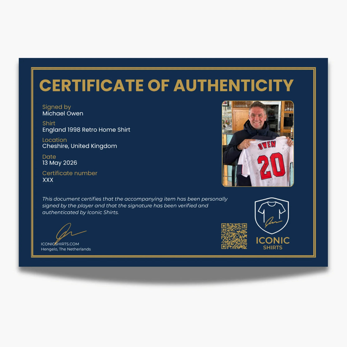 Maillot domicile rétro Angleterre 1998 signé par Michael Owen - certificat COA - preuve de signature | Iconic Shirts
