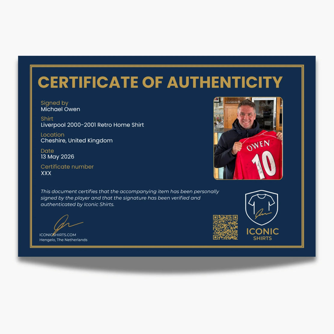 Maillot domicile rétro Liverpool 2000-2001 signé par Michael Owen - preuve de signature - certificat d'authenticité (COA) | Iconic Shirts
