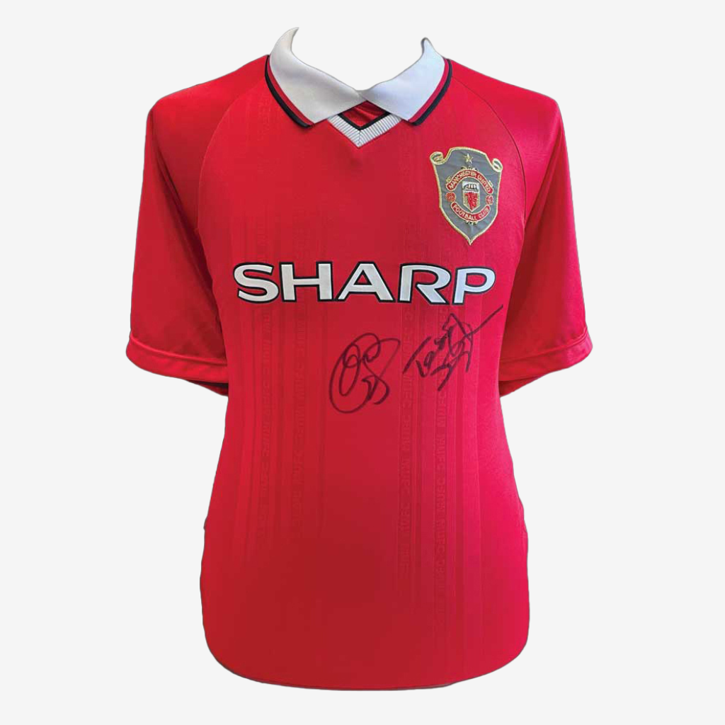 Ole Gunnar Solskjaer & Teddy Sheringham Signed Manchester United Football Shirt - 1999 Champions League Final Retro