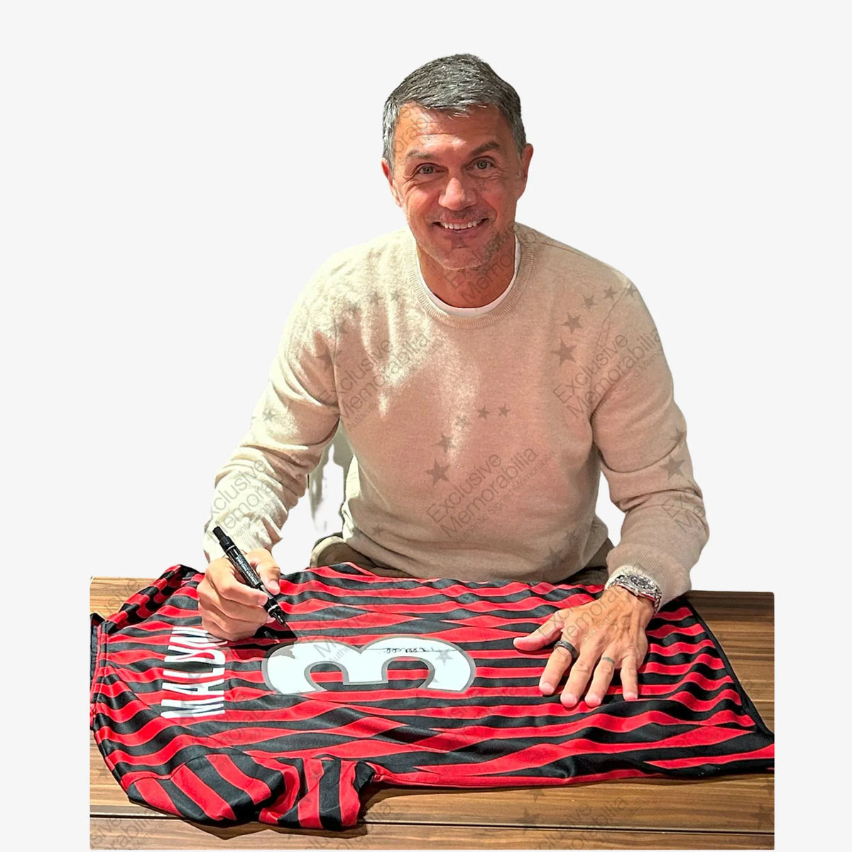 PaoloMaldiniSignedACMilanCentenaryHomeShirt2000-photoofsigning | Iconic Shirts