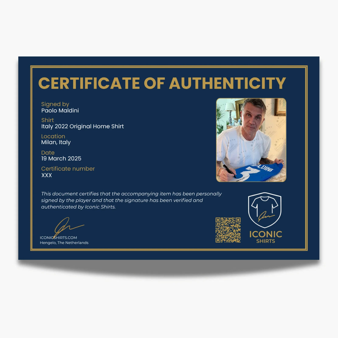 Maillot de football Italie signé par Paolo Maldini - Domicile 2022 - certificat d'authenticité COA - preuve de signature | Iconic Shirts