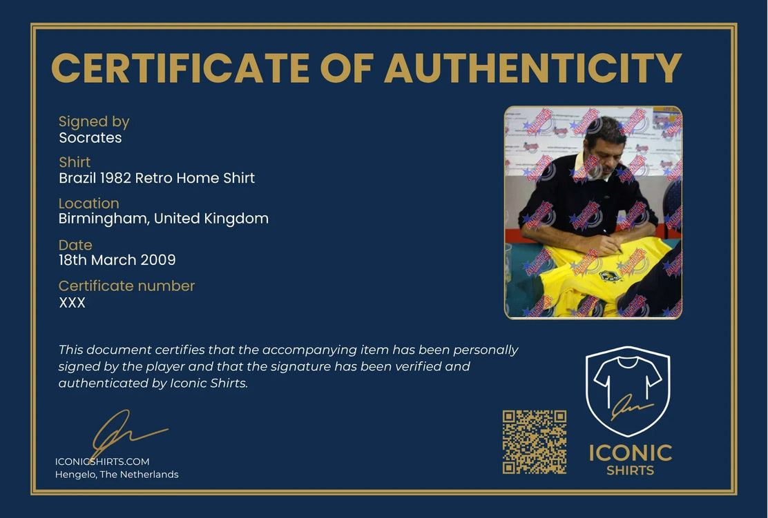 T-shirt rétro Socrates signé Brésil 1982 avec certificat COA | Iconic Shirts