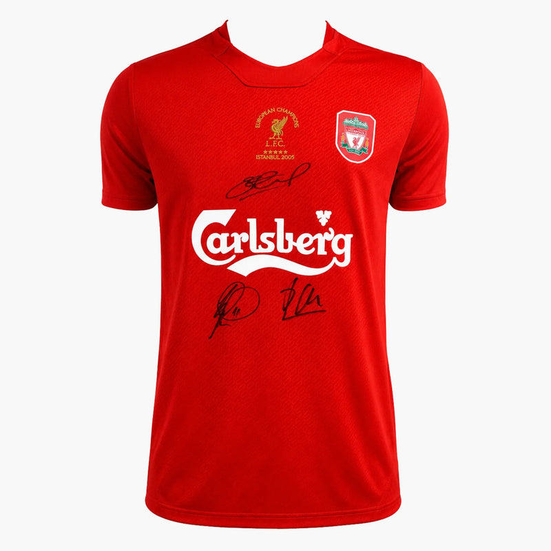 Steven Gerrard, Xabi Alonso und Vladimir Smicer signiertes Liverpool FC 2005 CL Final-Shirt – Vorderseite | Iconic Shirts
