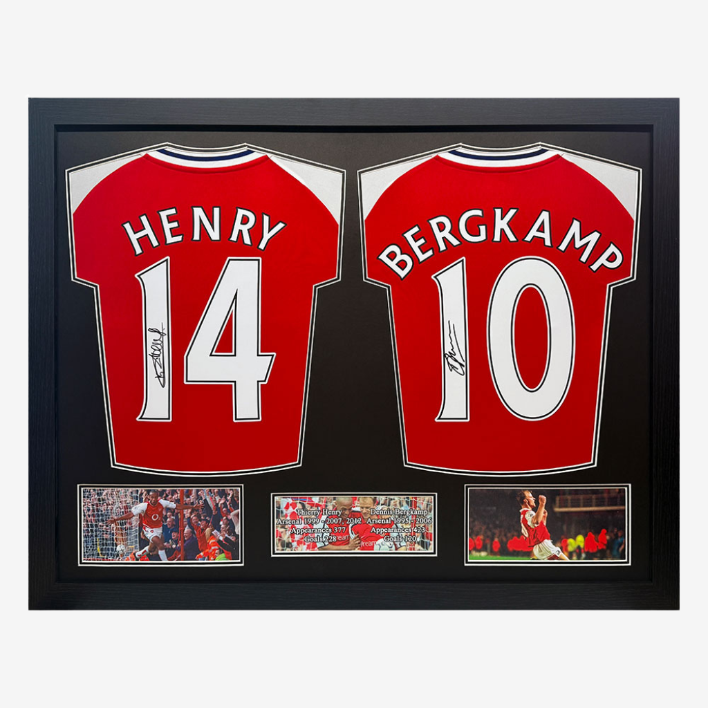 Thierry Henry & Dennis Bergkamp Signed Arsenal Football Shirts - Double Framed Display