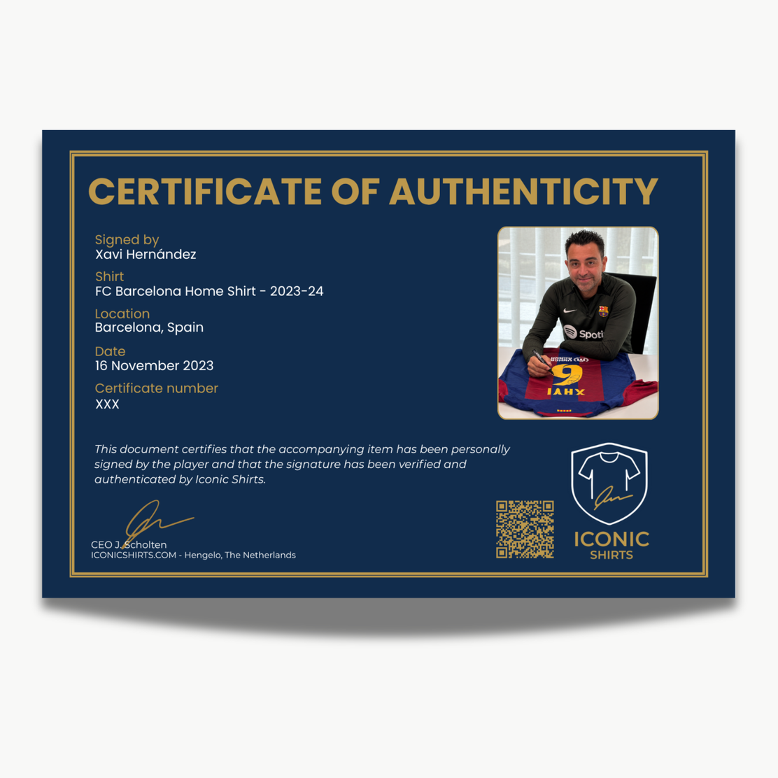 Xavi_Hernandez_Signed_FC_Barcelona_Home_Shirt_2023-24_-_certificate_-_proof_of_signing | Iconic Shirts