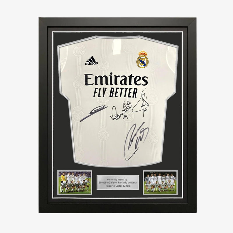 Zidane_Ronaldo_RobertoCarlos_RaulSignedRealMadridShirt-gerahmt | Iconic Shirts